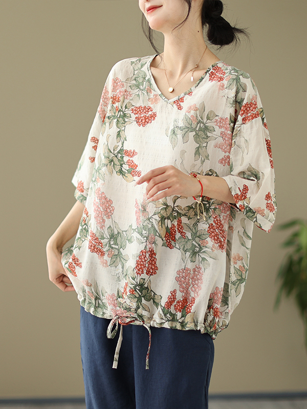 Short Linen Drawstring - Zomer losse katoenen linnen print T-shirt