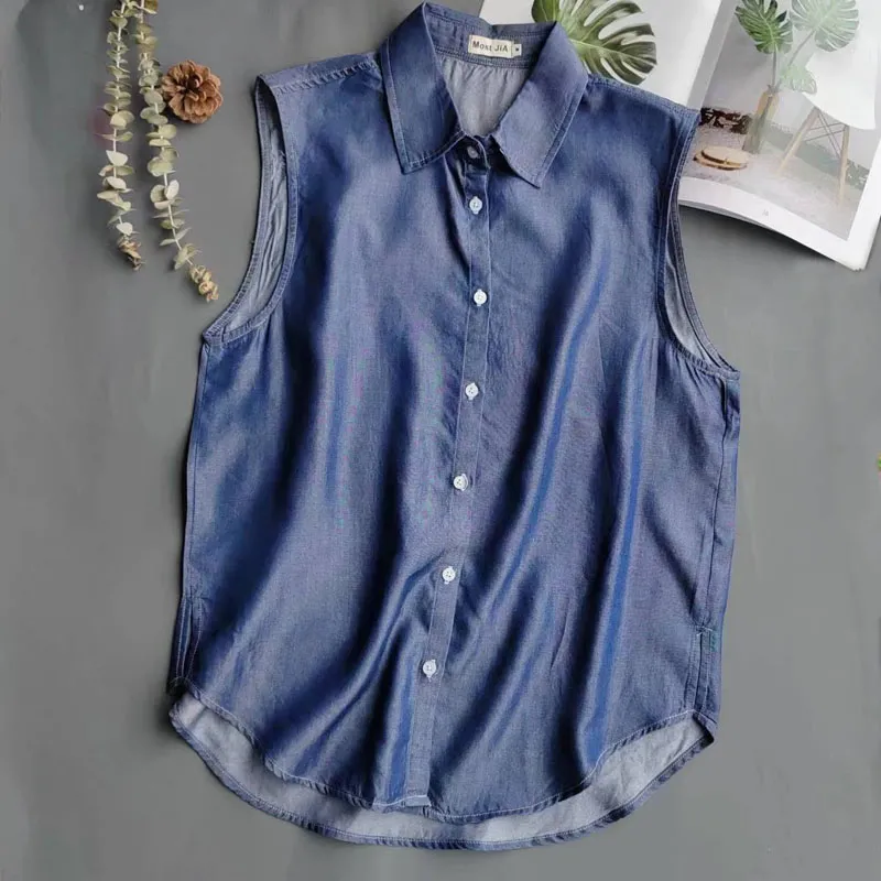 Shirt Camp Collar - Blauw mouwloos denim overhemd voor dames,