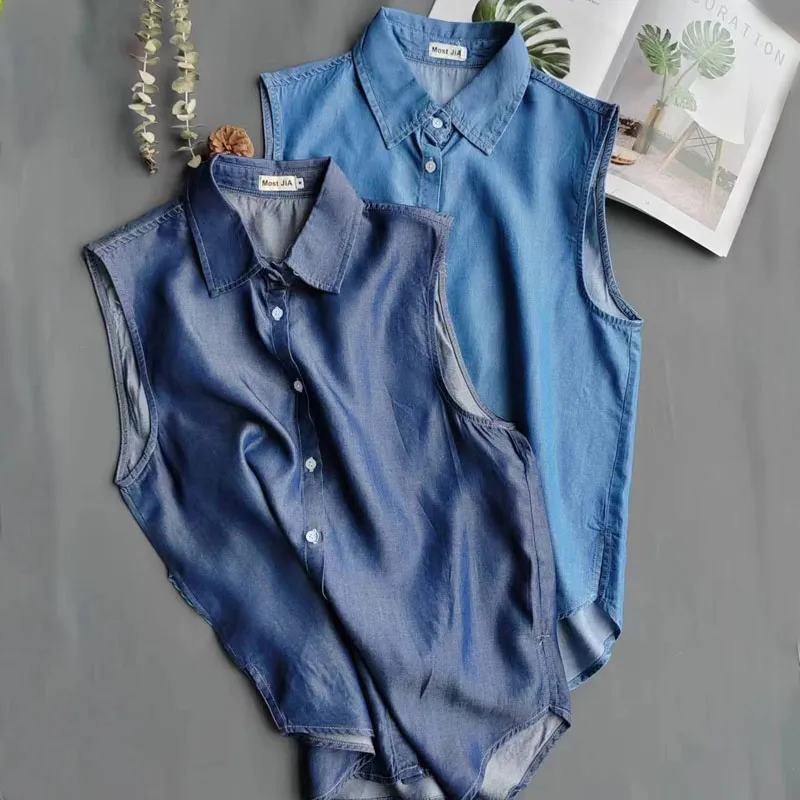 Blauw mouwloos denim overhemd  - Shirt Camp Collar recensie en prijs