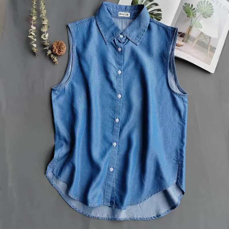Blauw mouwloos denim overhemd  - Shirt Camp Collar recensie en prijs